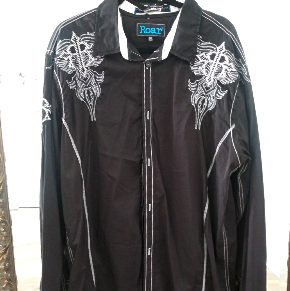 ROAR 2XL Detailed B&W Longsleeve Dress Shirt